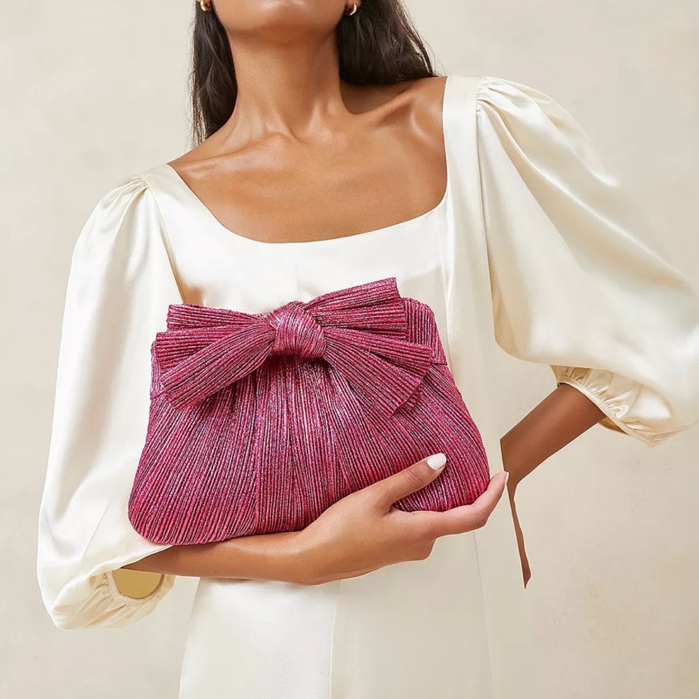 LAST CHANCE NWT Loeffler Randall Rayne Pleated Bow Frame Clutch LARGE